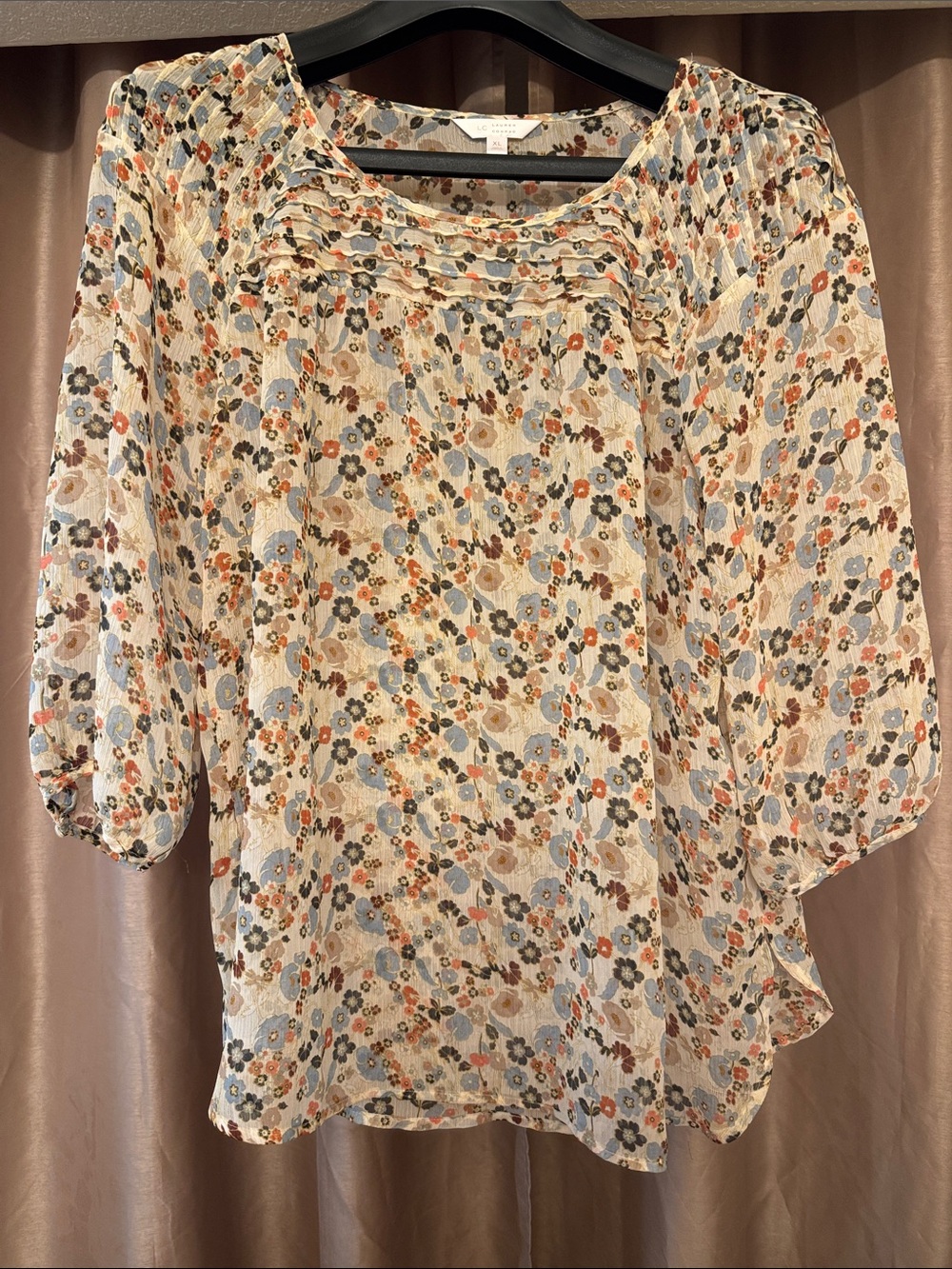 LC Lauren Conrad Cream Floral Pintuck Peasant Blouse with Blue & Brown Flowers